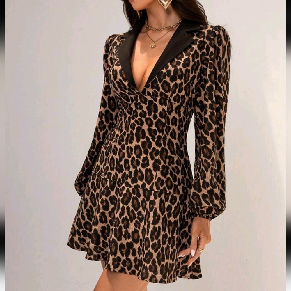 Women's Fitted Leopard Print Patchwork Lapel Collar Stylish Mini Dress